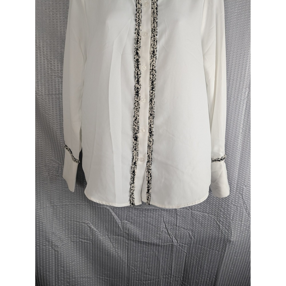 Adrianna Papell Womens Ivory Tweed Trim Button-Up Blouse L/XL Ivory Black Top - Picture 5 of 15